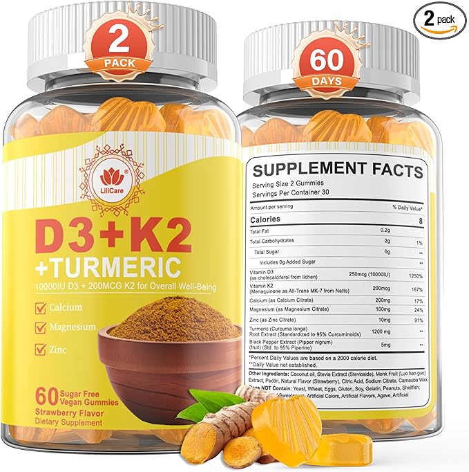 Vitamin D3 K2 Gummies & Turmeric for Women & Men, Vitamin D3 5000IU / 10000IU, K2 (MK-7) 200mcg Supplements with Turmeric 1200mg, Calcium, Magnesium, Zinc, Supports Bone, Teeth, Energy & Immune, 2PACK