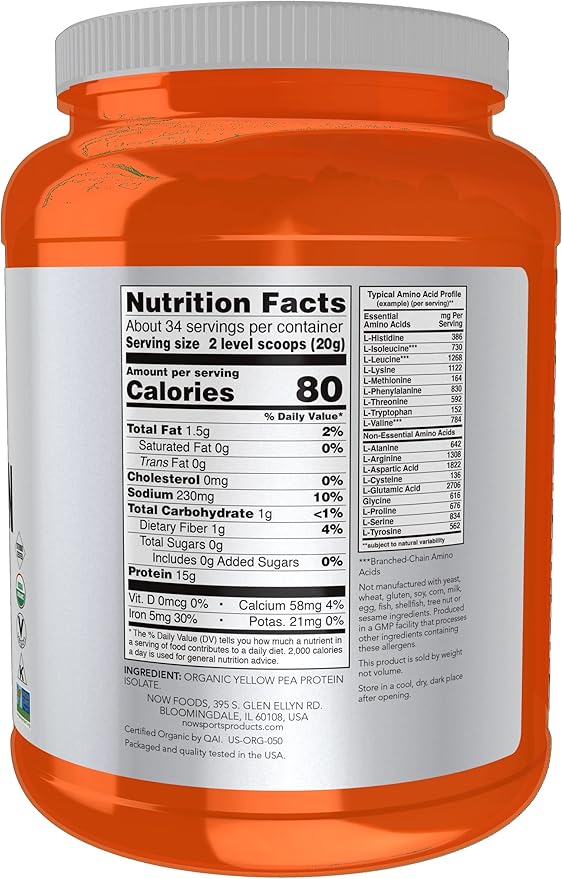 NOW Sports Nutrition, Certified Organic Pea 15 Grams, 1.5-Pound