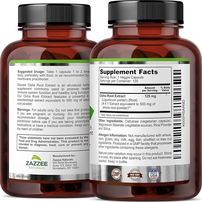 Zazzee OSHA Root 4:1 Extract, 500 120 Vegan 4 Month 4X Extract, 100% Vegetarian,