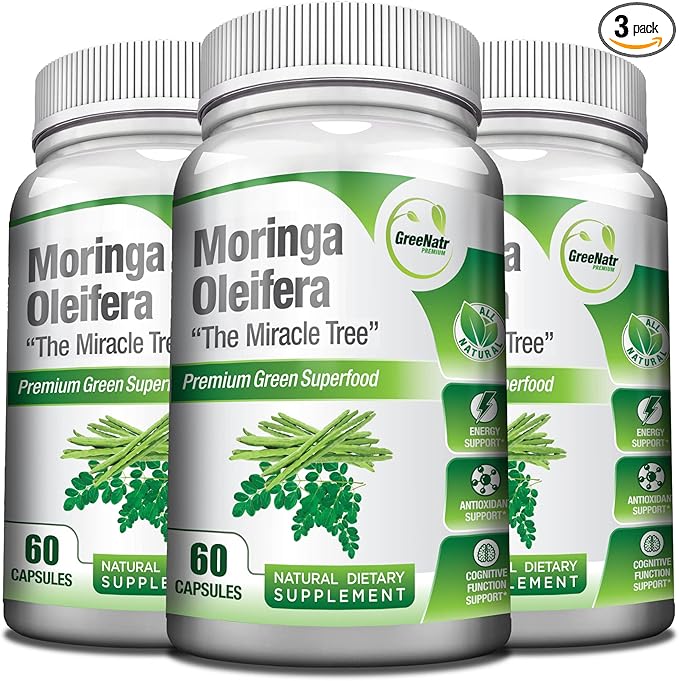 Pure Moringa Oleifera Leaf Extract Veggie Capsules 1000 mg. Natural Herbal Supplement. Energy, Mood, Memory and Focus Support. Premium Green Superfood (3 Bottles)