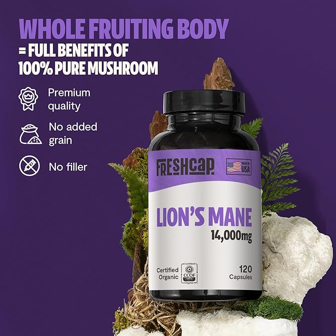 FreshCap Lions Mane Supplement Capsules 14,000mg - Lion's Mane Mushroom Capsules, Lions Mane Extract, Lion Mane Mushroom Supplement, Ayurveda Lions Mane Mushroom Capsules (120 Capsules)