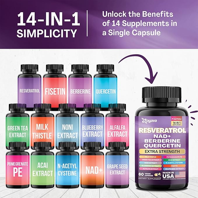 Resveratrol Supplement 12600mg NAD+ 100mg Milk 900mg Berberine 4000mg Fisetin 500mg Quercetin 800mg NAC 100mg Grape 400mg Green 400mg with (60 Caps)