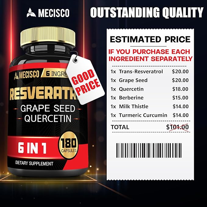 6in1 Trans Resveratrol Supplement with Grape 1000mg Organic 180 Capsules