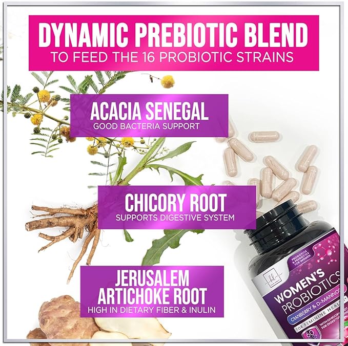 Probiotics for Women 60 Billion CFU, 16 Strains for pH Balance, Vaginal & Digestive Support, Womens Probiotic and Prebiotic + Cranberry for Gut, Urinary & Immune Support, Shelf Stable - 60 Capsules