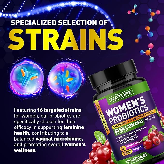 Probiotics for Women - 60 Billion CFUs, 16 Strains, with Cranberry, D-Mannose & Prebiotics - Supports Digestive, Immune, & Vaginal Health - Non-GMO, Dairy & Gluten-Free - 120 Veggie Capsules