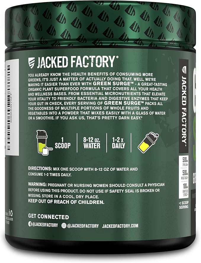 Jacked Factory Green Surge Green Superfood Powder- Keto Friendly Greens Drink w/Spirulina, Wheat & Barley Grass, Organic Greens - Green Tea Extract, Probiotics & Digestive Enzymes - Sour Apple - 30sv