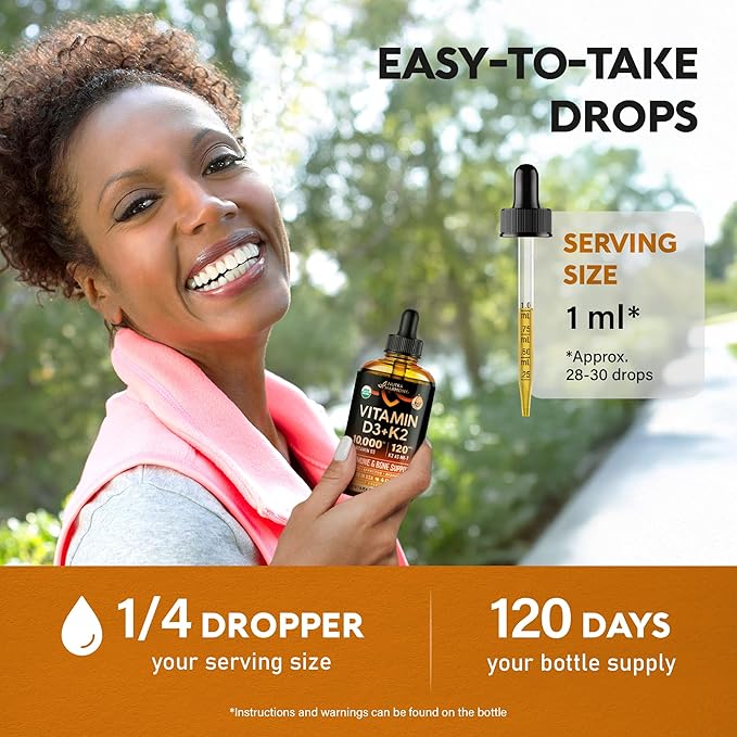 Vitamin D3 K2 USDA Organic Drops - Vitamin D3 10000 IU & K2 as MK-7 120mcg - Immune & Mood Support, Bone & Teeth Health - Sugar-Free Orange Flavor - Liquid Supplement - Made in USA - 4 FL OZ, 120 Days