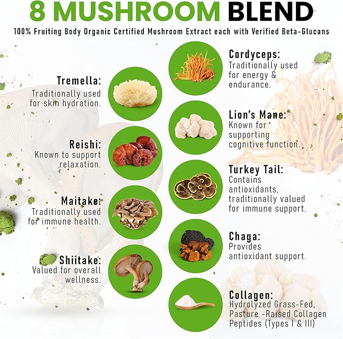 Organic Ceremonial Mushroom Matcha Certified Pesticide-Free Grass-Fed Collagen Types I & III, 8 Fruiting Body Mushrooms Tested for Beta-Glucans Focus Digestion & Immunity 15 Servings