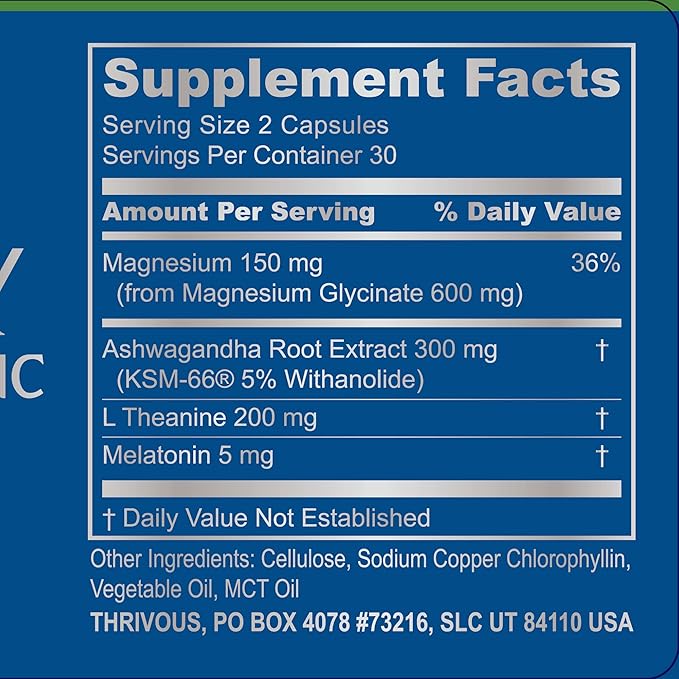 Thrivous Serenity - Natural Sleep Aid 5mg Melatonin 200mg L-Theanine 30 High 60 Capsules