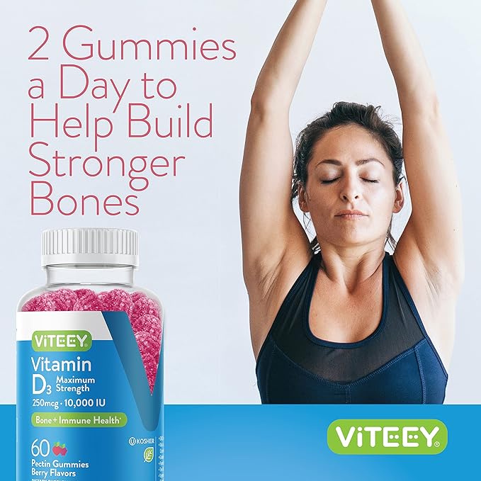 Viteey Vitamin D3 Gummies for Adults & Teens - 10,000 IU, 250mcg, Maximum Strength - Joint & Muscle Health, Immune Boost - Chewable Vitamin D Gummies - Vegetarian, Gelatin Free - Tasty Berry Flavored