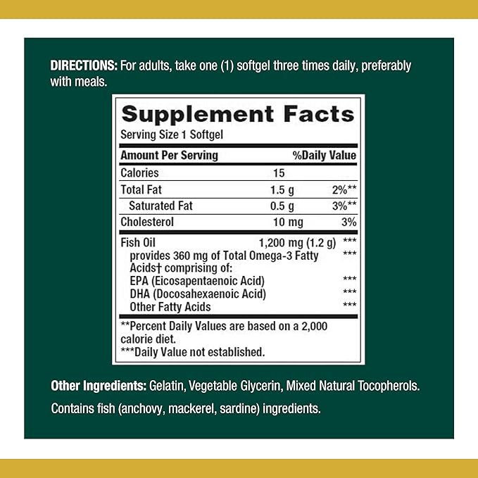 Nature’s Bounty Fish Oil, 1200mg, 360mg Omega-3, 120 120 (3 (3 Pack 360 Total) 120 Softgels
