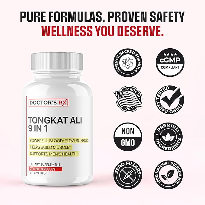 Doctor's RX || #1 New 9 in 1 Tongkat Ali + Horny Goat Weed || Maximize Blood Flow, Increase Mood & Stamina | Ultra Dosed Formula w/ 9 Powerful Ingredients | Research Backed + USA Made - 60 Capsules