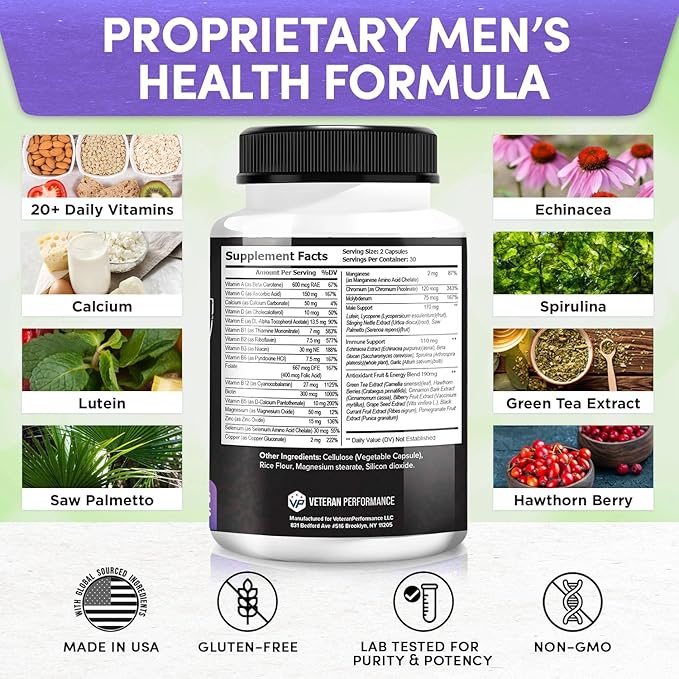 Elite Vitals Multivitamin for Men β Daily Mens Multivitamins Ages Over 20 Plus β Prostrate Energy Immune Joint Support β Daily Mens Vitamins and Minerals (60 Capsules)