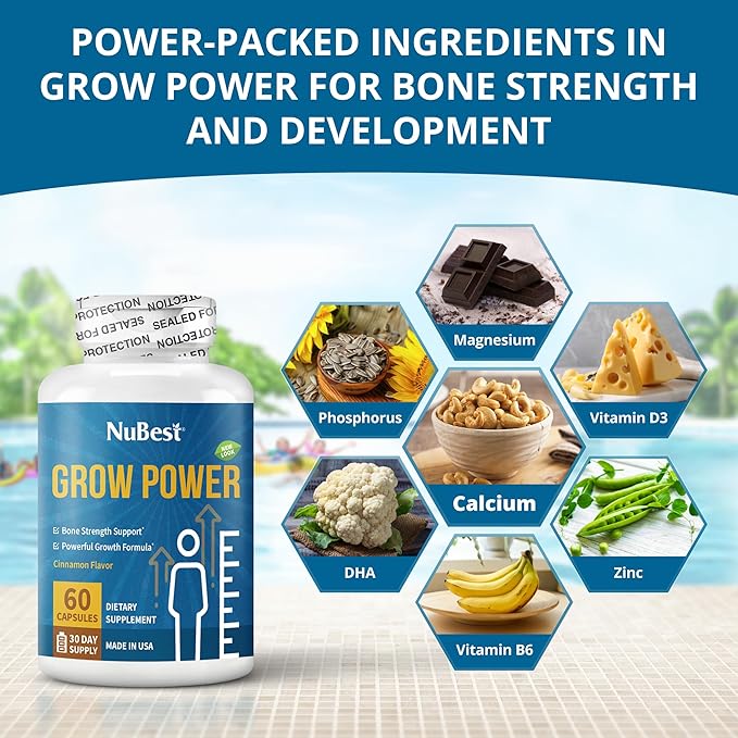 NuBest Grow Power - Calcium Supplement - Magnesium Supplement with Vitamin D3, B6, Zinc, Phosphorus and Multivitamin for Strong Bones, Overall Health for Age 10+ | 60 Capsules | 1 Month Supply