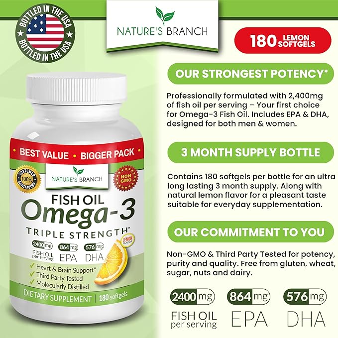 Best Triple Strength Omega 3 Fish 180 Capsules 2400mg High 864mg EPA 576mg DHA