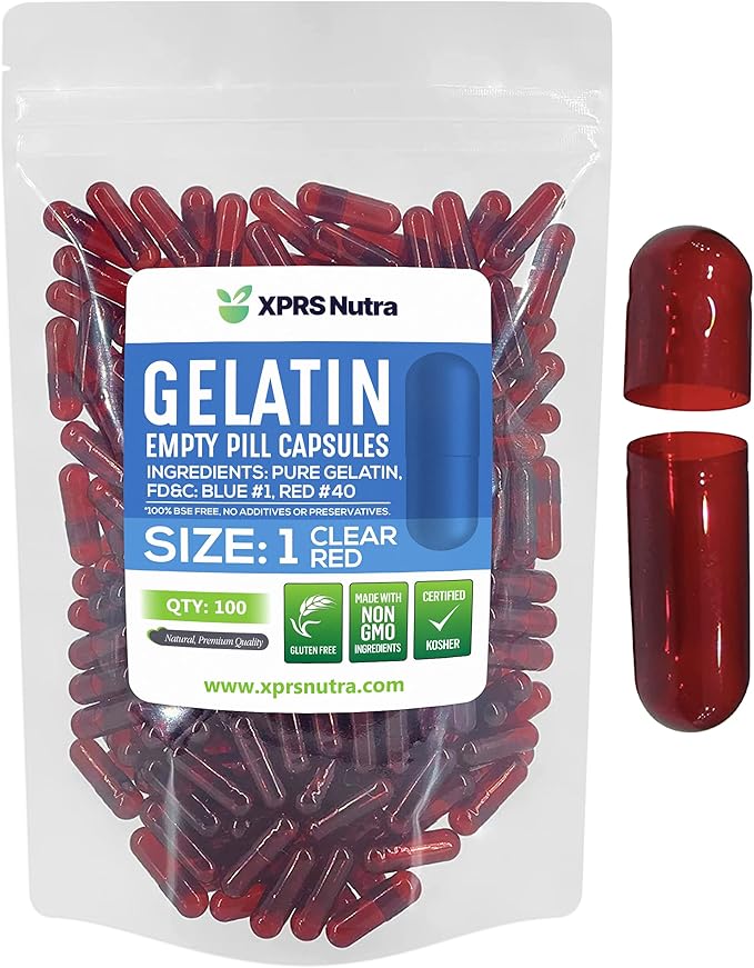 XPRS Nutra Size 1 Empty Capsules - 100 Count Colored Empty Gelatin Capsules - Empty Pill Capsules - DIY Supplement Capsule Filling - Fillable Color Gel Caps Pills (Clear Red)