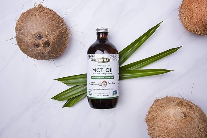 Flora Health MCT Oil Organic Energy Boost, C8 Caprylic & C10 Capric Acids, Keto, Kosher, Non-GMO Verified, 100% from Ethically and Sustainably Sourced Coconuts, 17 Fl Oz Liquid, Glass Bottle