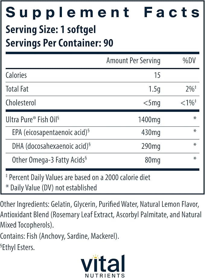 Vital Nutrients Ultra Pure® Fish Oil 800 Omega-3 Fatty 90 Softgels