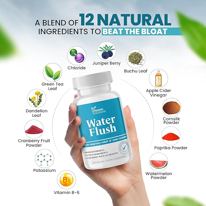 DR VITAMIN SOLUTIONS Diuretic Water Pills for Weight Control - Instant Relief from Bloat and Swelling - Green Tea, Cranberry, Dandelion Leaf Extract - Water Retention Pills for Women & Men, 120 Caps