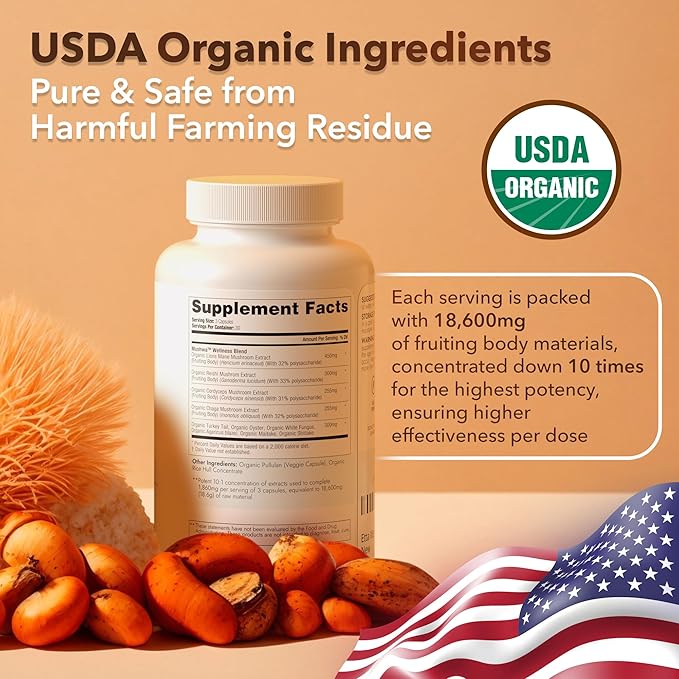 USDA Organic Lions Mane Supplement Capsules (18,600mg/serv) 10x 10x Adaptogenic
