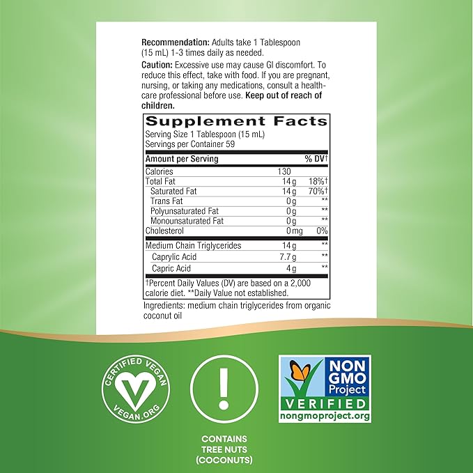 Nature's Way Organic MCT Oil, 30 Fl Oz, Brain and Body Fuel from Coconuts*, C8 Caprylic Acid and C10 Capric Acid, Keto and Paleo Certified, Organic, Non-GMO Project Verified (Packaging May Vary)