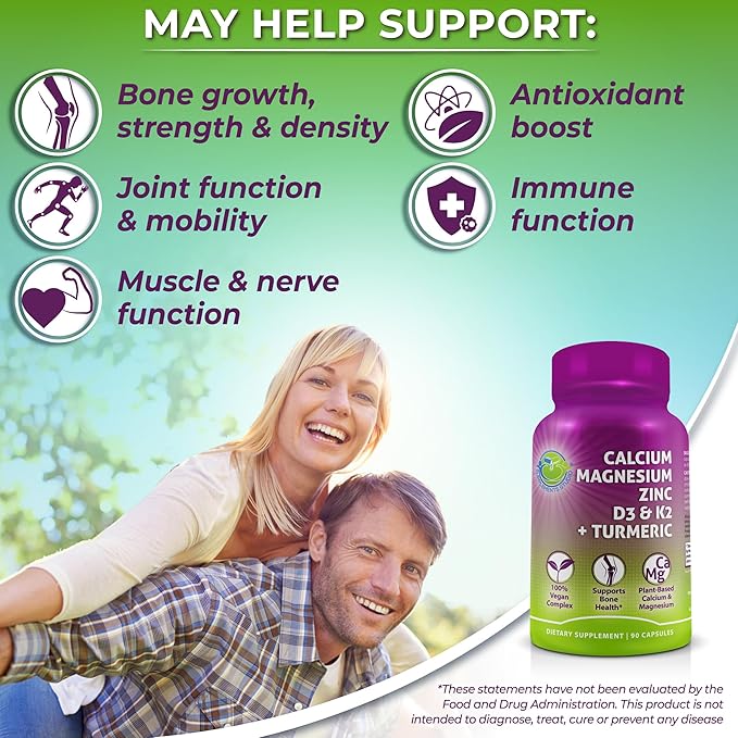 Plant-Based Calcium 500mg (Aquamin) – Vegan Calcium Magnesium Zinc D3 with Vitamin K2 & Organic Turmeric – Enhanced Bone and Muscle Health & Strength, Immune Support for Women & Men - 90 Count