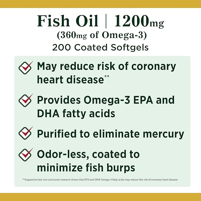 Nature's Bounty Fish Oil, Supports Heart 1200 Mg, 360mg Omega-3, Omega-3, 200 200 Odorless