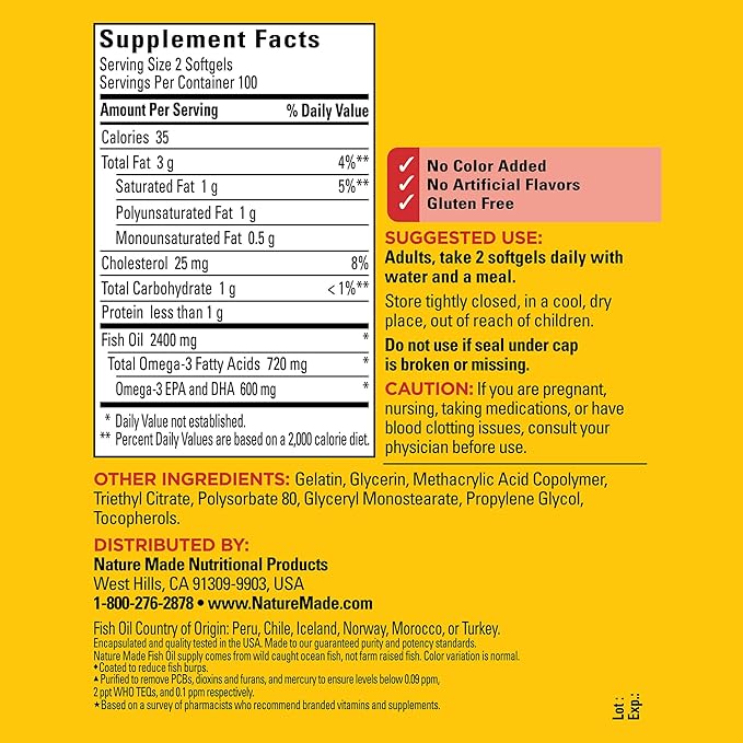 Nature Made Burp Less Fish Oil 1200 mg, 3 Fish 3 Supplement 200 Softgels, 100 Day