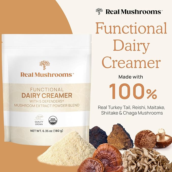 Real Mushrooms Functional Dairy Creamer - Coffee with Mushroom Extracts, Sweetened by Organic Lucuma Powder Maple Sap Powdered for Smoothies 90 Servings