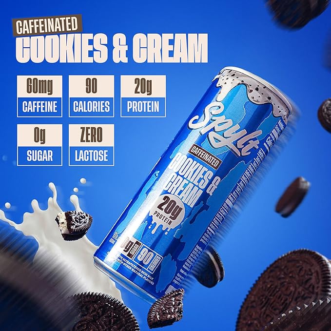 High Protein Cookies & Cream Milk with 60mg Caffeine & 20g Protein - Ready to Drink, Sugar Free, Lactose Free Milk, Perfect for Workout Recovery & Afternoon Pick Me Up - 12 Count