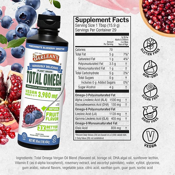 Barlean's Liquid Flaxseed, Borage & Algae 3 Supplement, 3,980 mg Omega-3-6-9, 16 16 oz