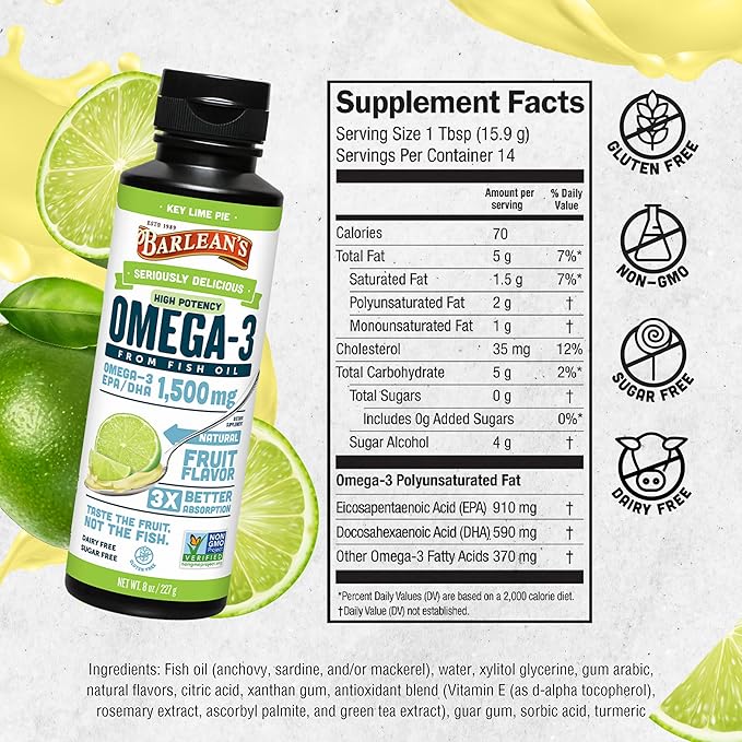 Barlean's Key Lime Pie High Potency 3 Fish 1500mg of 8 oz