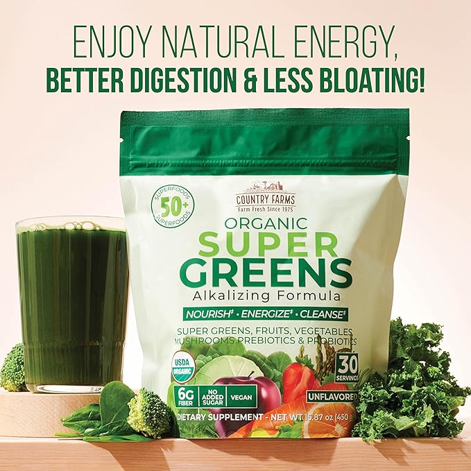 COUNTRY FARMS Super Greens Natural Flavor, 50 Organic 30 Servings