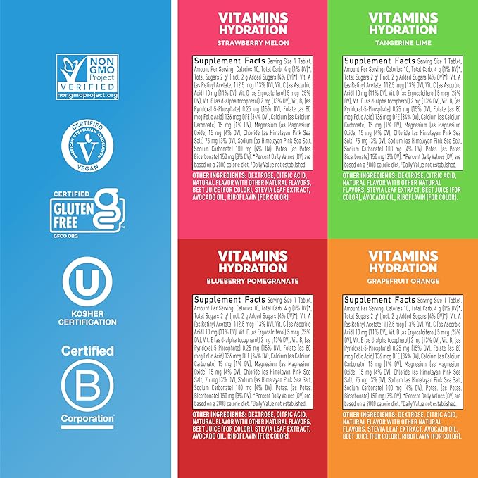 Nuun Hydration Vitamins Electrolyte Tablets, Mixed Fruit, 5 Essential Electrolytes for Hydration + Vitamin A, B6, C, D, E, with Magnesium, Vegan, Non-GMO, 4 Pack (48'Servings)