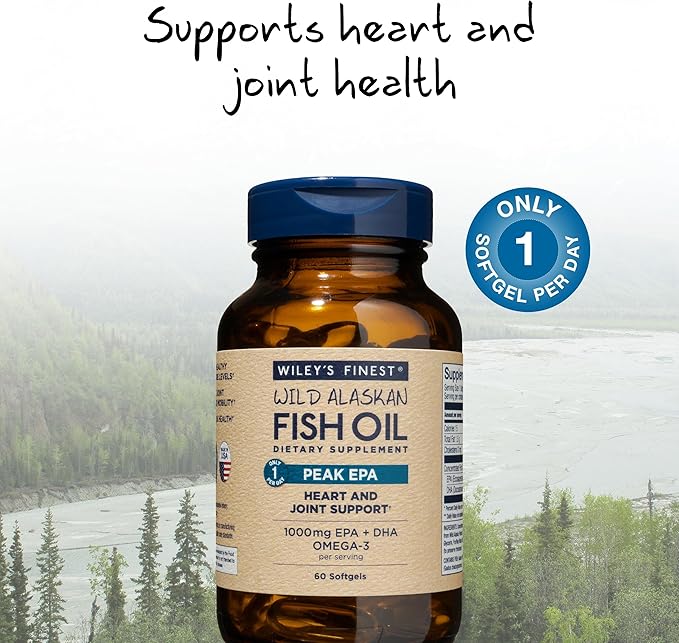 Wiley's Finest Wild Alaskan Fish Oil 1000mg Omega-3s, Omega-3s, SQF-Certified 60 Softgels (60 Servings)
