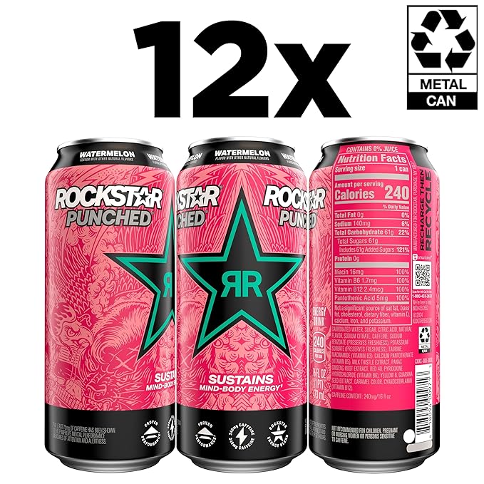 Rockstar Energy Drink Punched Watermelon, 16oz Cans (12 Pack) (Packaging May Vary)