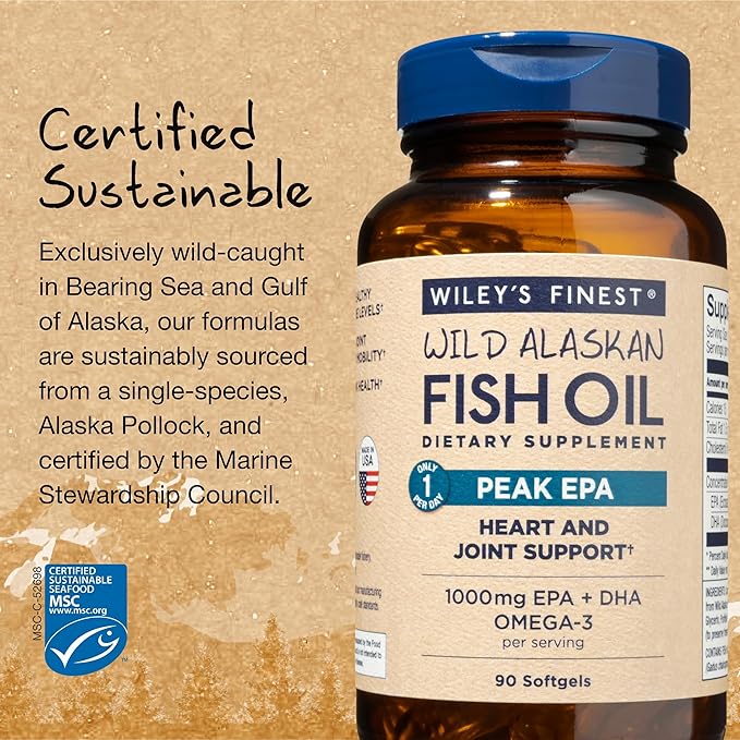 Wiley's Finest Wild Alaskan Fish Oil 1000mg Omega-3s, Omega-3s, SQF-Certified 90 Softgels (90 Servings)