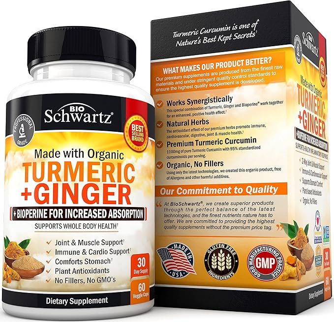 Organic Turmeric Curcumin and Ginger 95% Standardized 60 Capsules