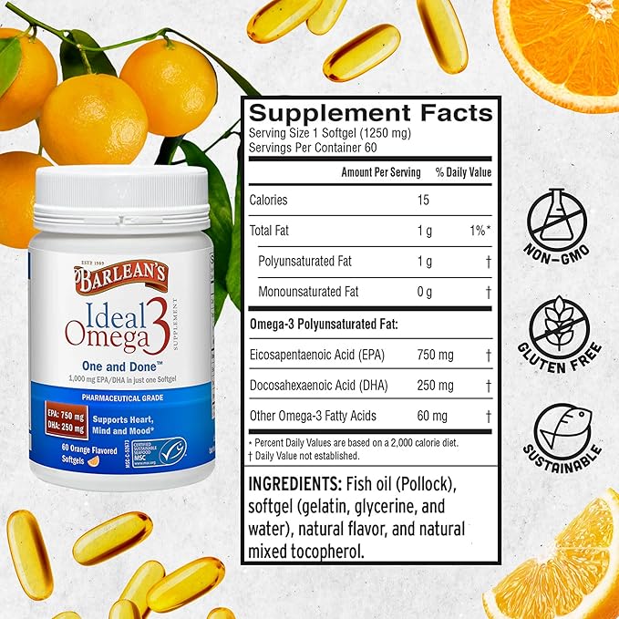 Barlean's Ideal Omega 3 Fish Oil 1,000 mg 60 ct