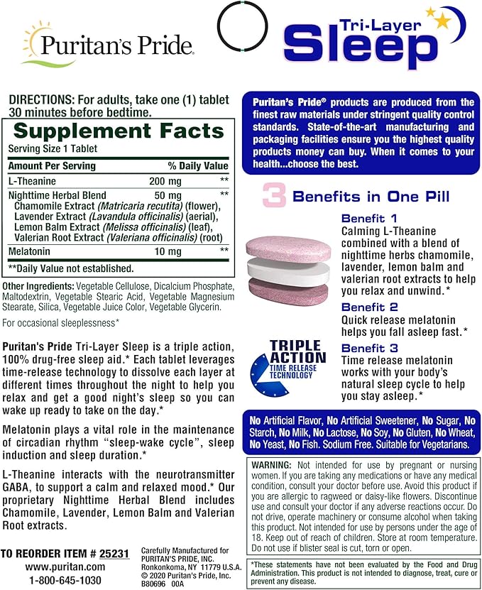 Puritan's Pride Tri-Layered Sleep Tablets, 30