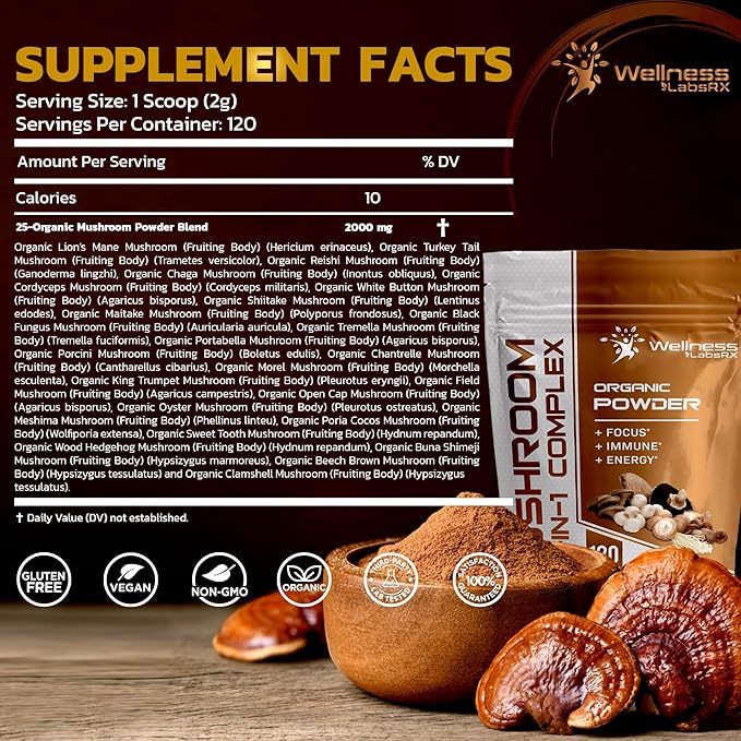 Mushroom Powder, 25 in 1 Mushrooms 2000mg - 25 Superfood 120 Servings