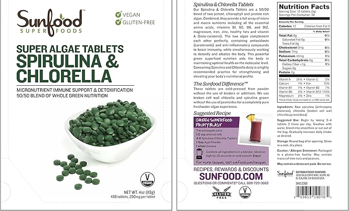 Sunfood Chlorella Spirulina Tablets - Spirulina and Chlorella Capsules, Chlorella Powder Pills, Green Algae Supplement Rich in Chlorophyll, Broken Cell Wall, Vegan - 4 oz Bag
