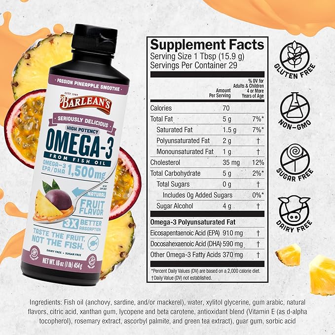 Barlean's Passion Pineapple High Potency Omega 3 Fish 1500mg EPA 16 oz