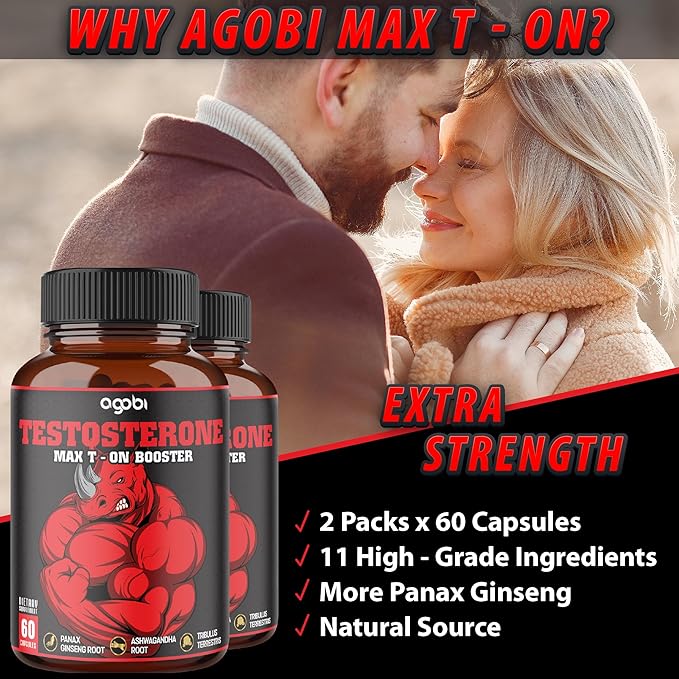 2 Packs 60 Capsules - Testosterone Booster for Men, Muscle Build, Energy & Endurance Support - 11 Herbs Combined with Ginseng, Ashwagandha, Tribulus & More