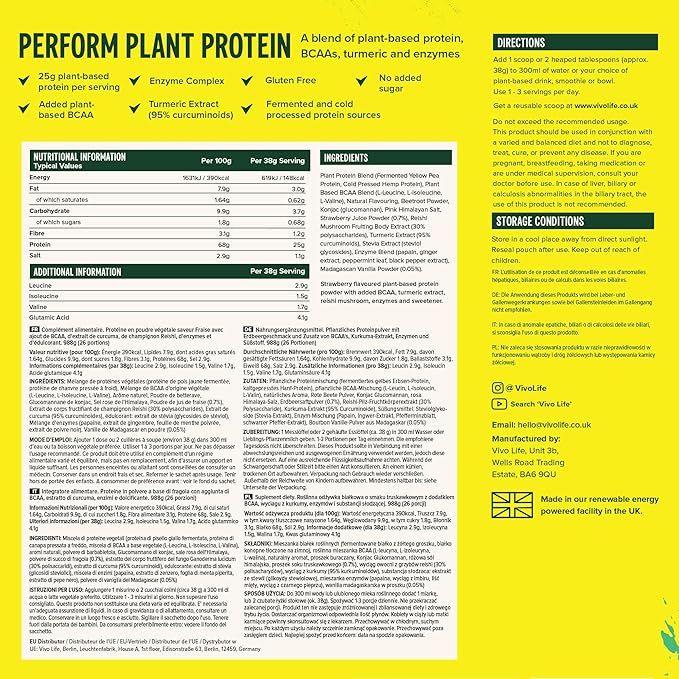 Vivo life Perform Plant Protein Powder 26 Servings 2.17lb, BCAA