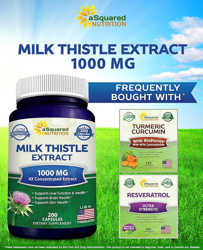 aSquared Nutrition Milk Thistle Supplement 1000mg-200 4X Concentrated 4:1 Milk 1000 mg