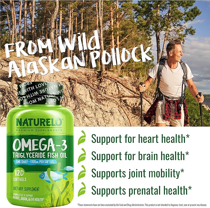 NATURELO Burpless Omega 3 Fish Oil Supplement 1100mg Triglyceride Omega-3, EPA 3 for 120 Softgels, 4 Months