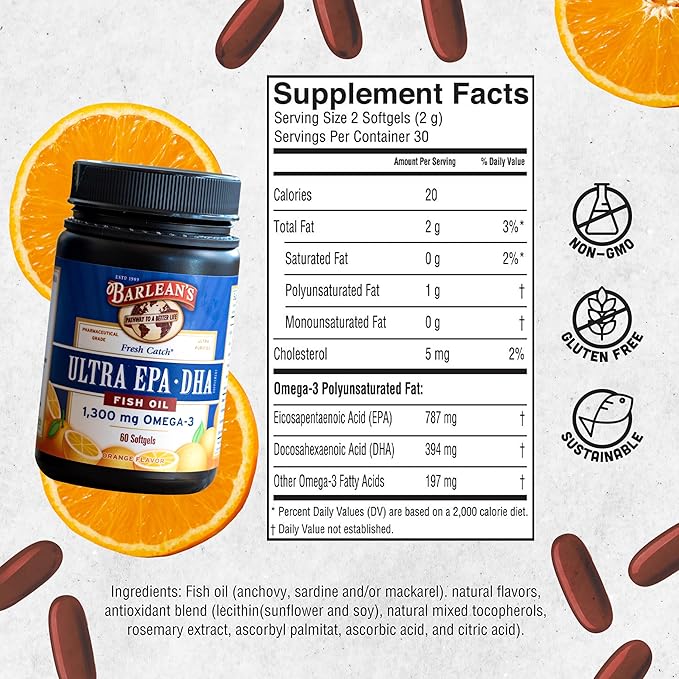 Barlean's Fish Oil Omega 3 Supplement, 1000mg Orange 60 Count