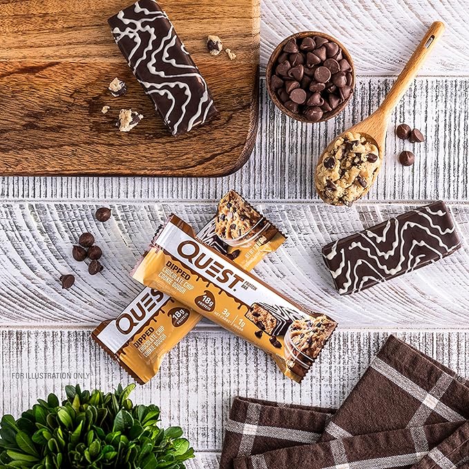 Quest Nutrition Dipped Chocolate Chip Cookie Dough Protein Bars, 18g Protein, 3g Net Carbs, Gluten Free, 1.76 Oz, 12 Count