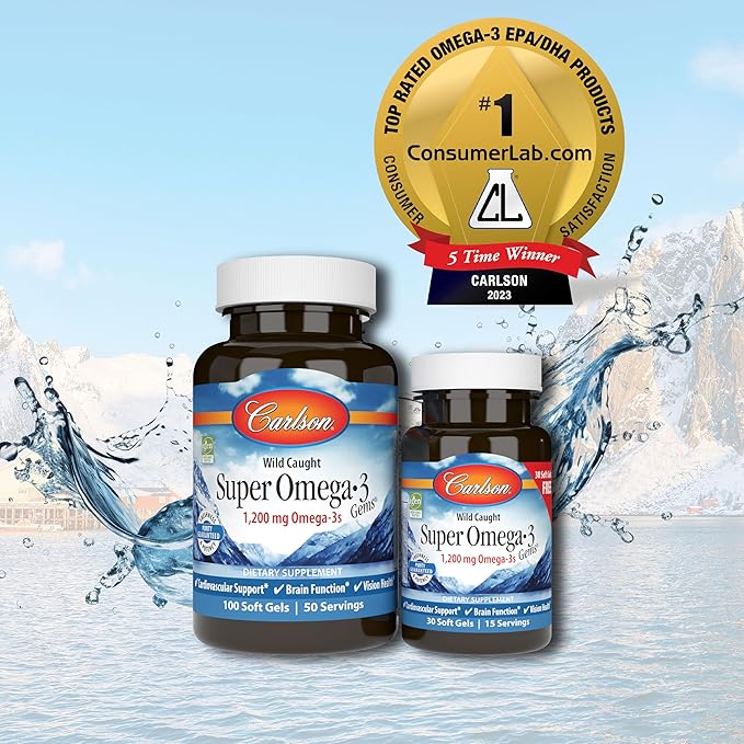 Carlson - Super Omega-3 Gems, 1200 Omega-3 Fatty 3 Supplements, 100+30 Softgels